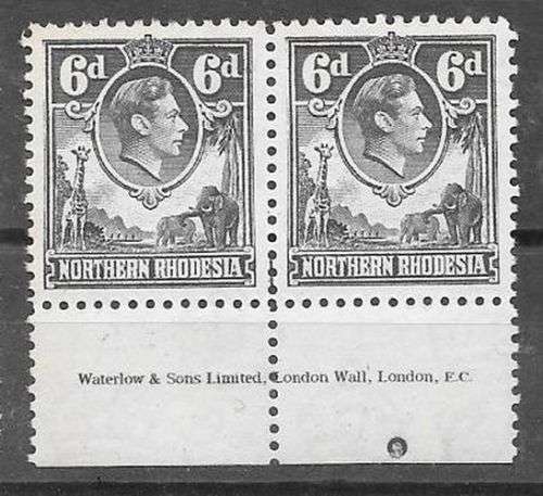 Northern Rhodesia 1938 KGVI 6d grey imprint pair  very fine unmounted mint
